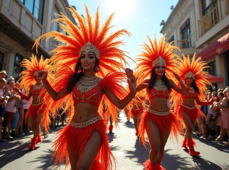 A vibrant and colorful Carnival parade with dancers in elaborate costumes.