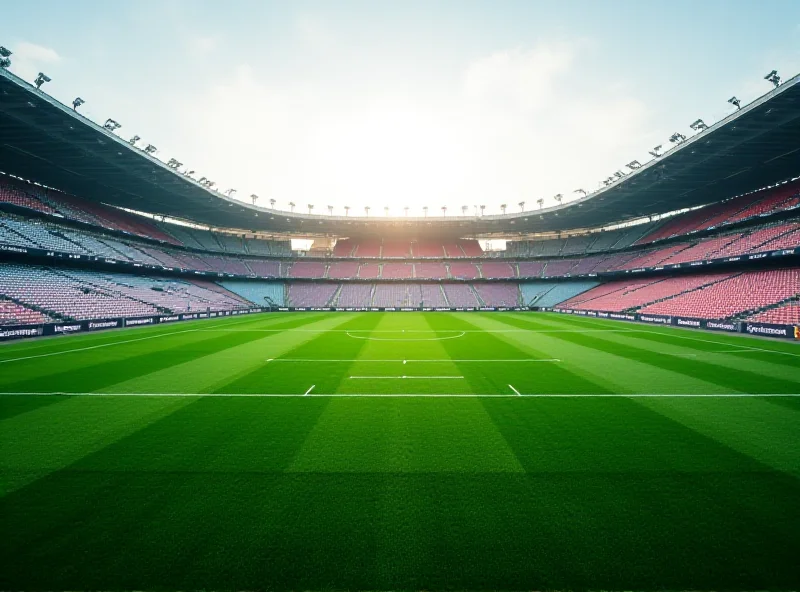 Empty soccer stadium with green field and empty seats