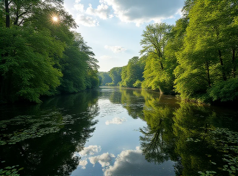 A scenic view of the Morava and Dyje rivers confluence with lush green forests surrounding the water.