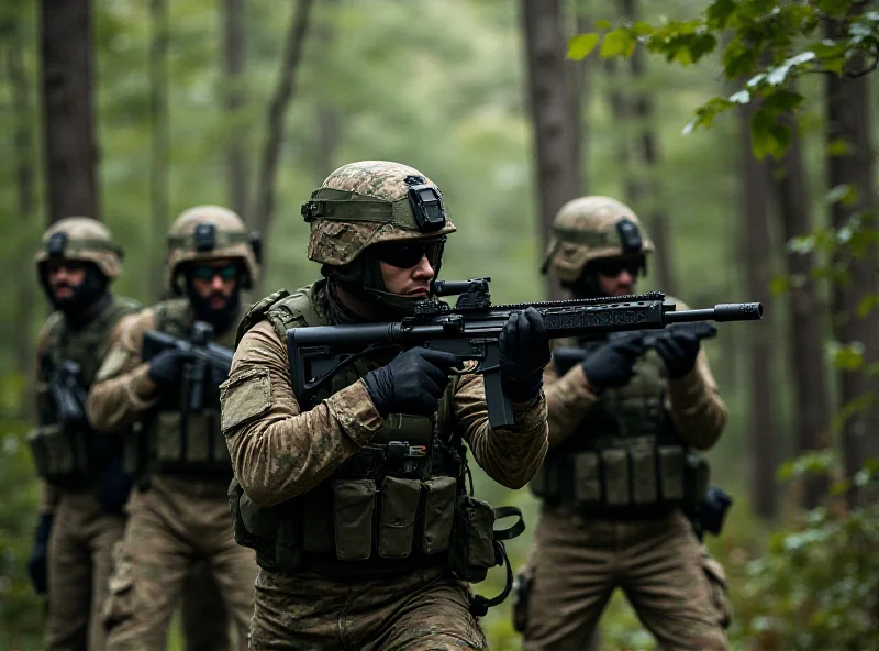 A group of voluntary reservists participating in a training exercise in a forest environment.