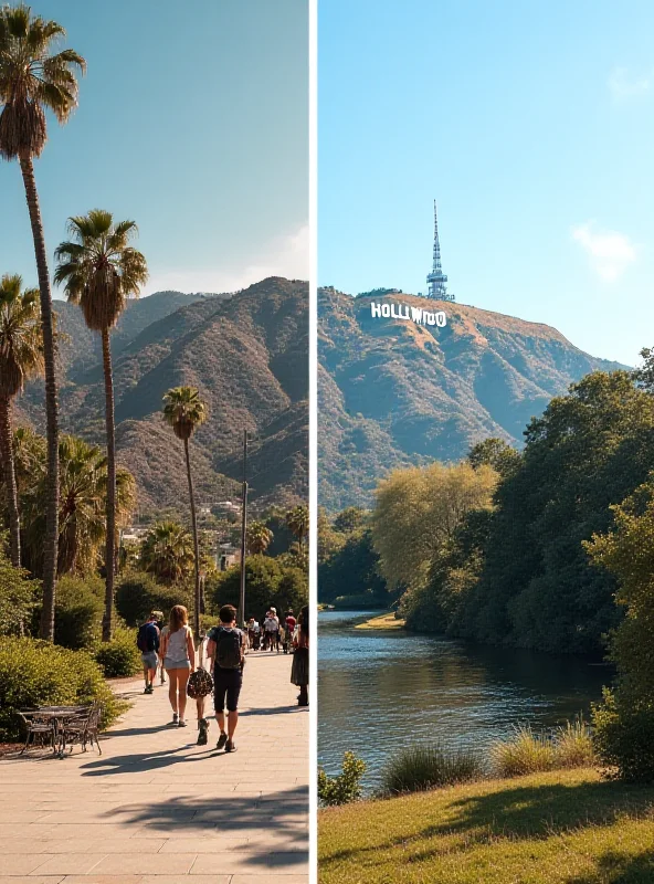 A split image showing a college campus on one side and the Hollywood sign on the other.