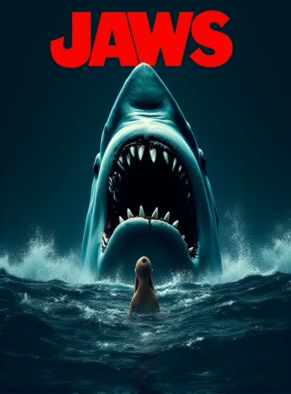 A movie poster for Jaws, featuring the shark rising from the water towards a swimmer.