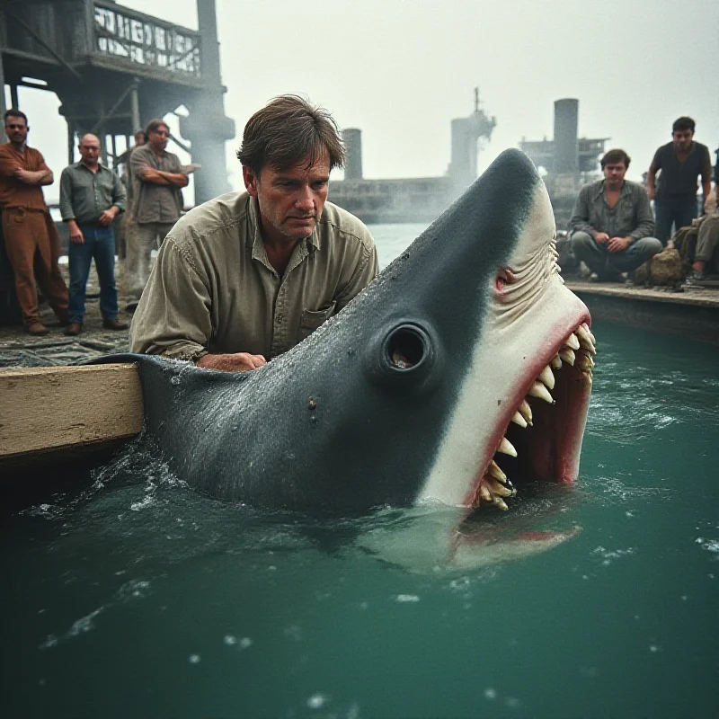 A behind-the-scenes photo of Steven Spielberg directing Jaws on set, with the mechanical shark visible in the water.