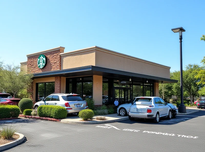 Exterior of a Starbucks drive-thru on a sunny day.