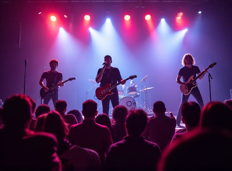 A band performing on stage with vibrant lighting and a large crowd in the background.