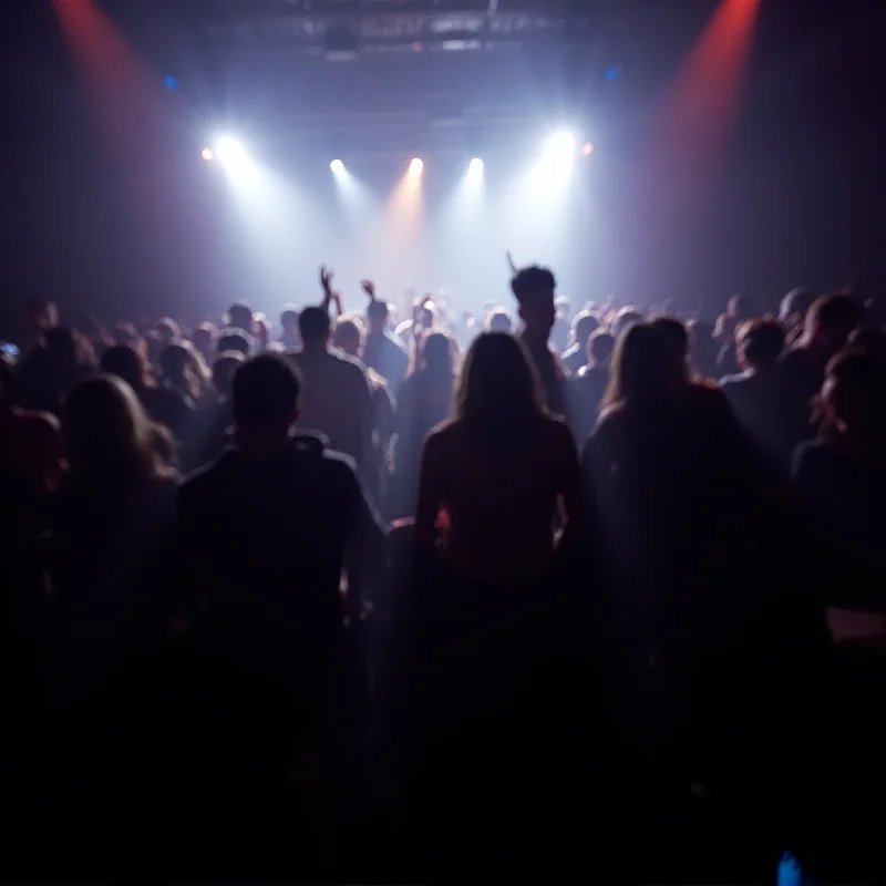 A blurry shot of a crowded nightclub with flashing lights and people dancing.