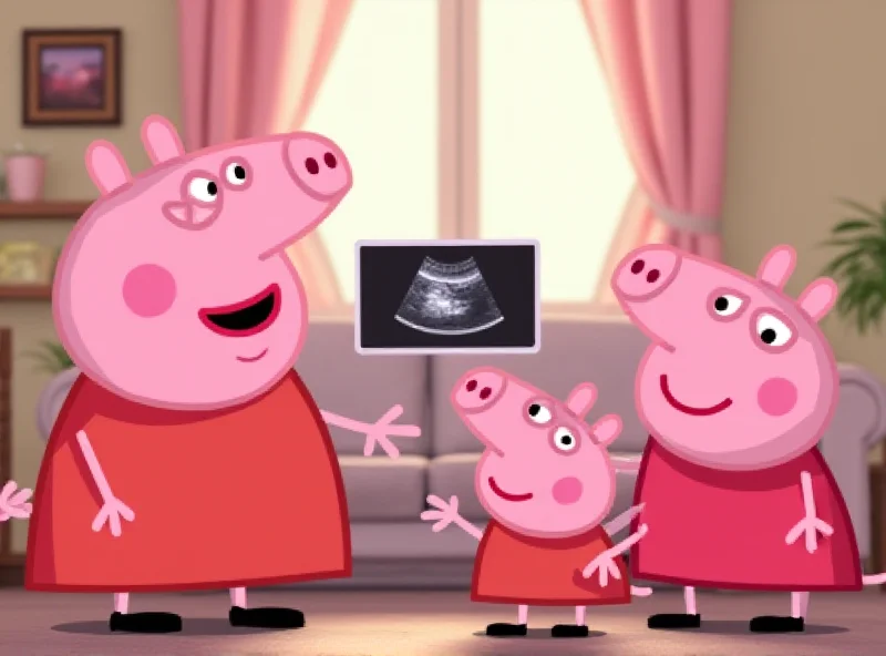 Peppa Pig and her family happily looking at an ultrasound image showing a baby.