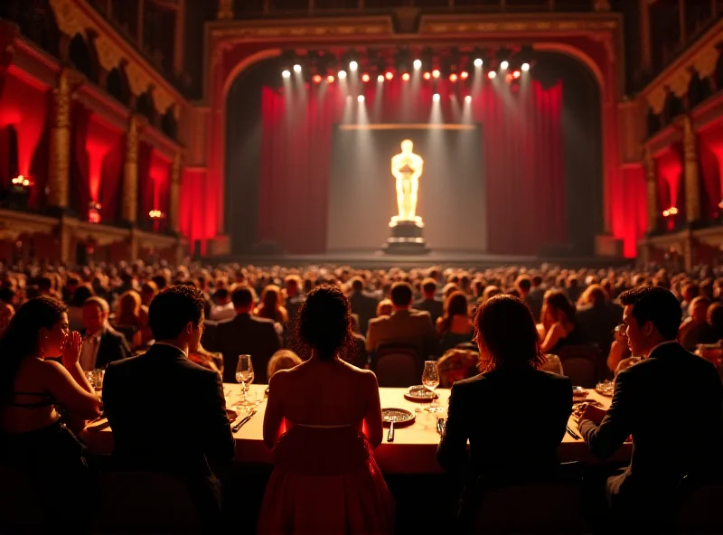 A wide shot of the Dolby Theatre during the Oscars ceremony, with celebrities and guests seated at tables.