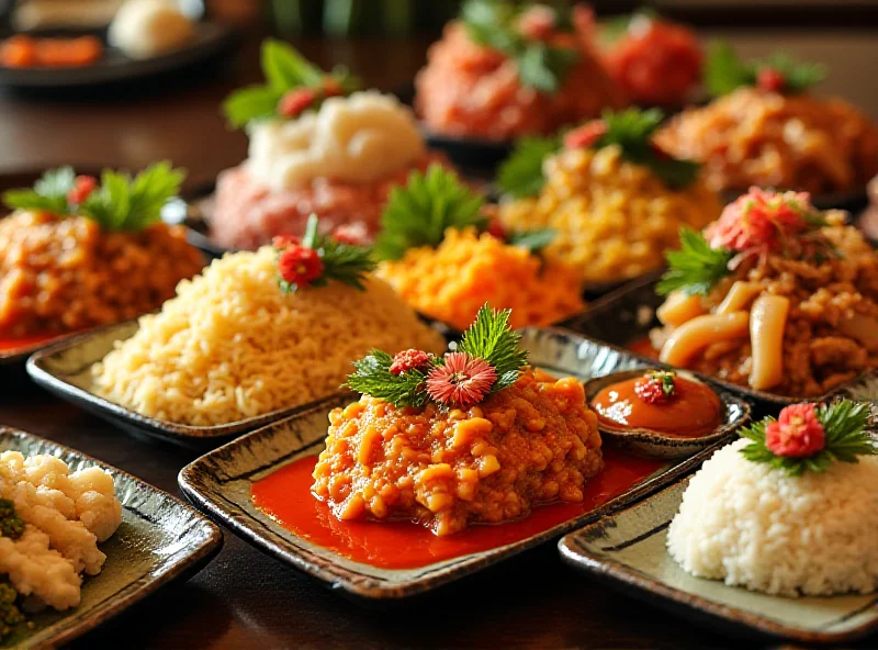 A selection of various dishes, including tangy curry and rice cakes, as part of a culinary journey.