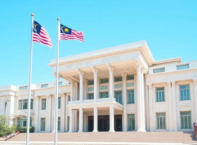 Exterior of a Malaysian courthouse on a sunny day, with the Malaysian flag waving in the background.