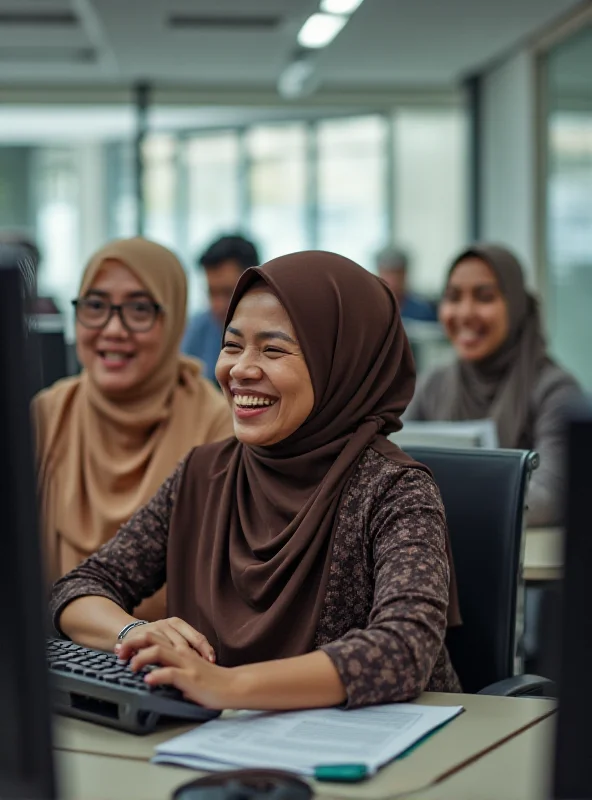 A group of Malaysian civil servants smiling and laughing in an office setting, some wearing traditional Malay clothing.