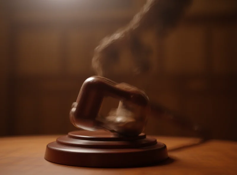 Illustration of a gavel striking a sound block in a courtroom.