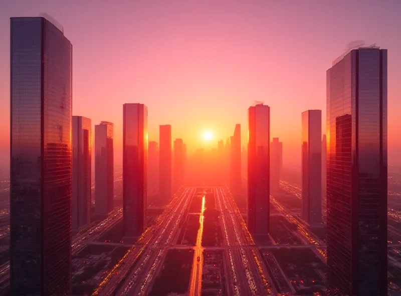 Modern skyscraper skyline in Abu Dhabi, United Arab Emirates, at sunset.