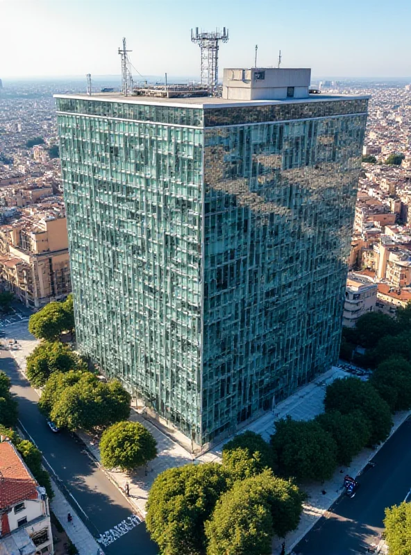 Aerial view of the Telefónica headquarters building in Madrid, Spain.