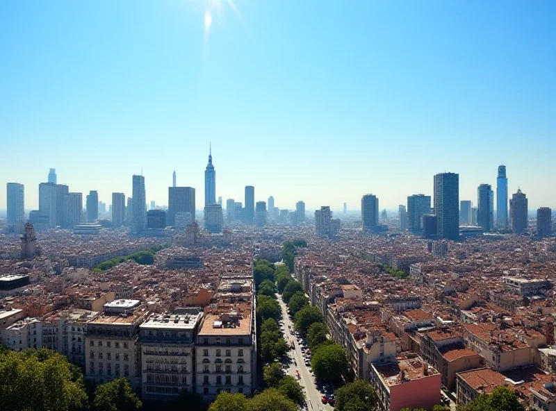 Panoramic view of Madrid, Spain, with modern skyscrapers and historic buildings.