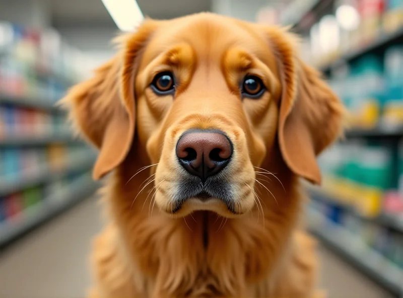 Close-up of a dog's face, looking inquisitive and alert, with a blurred background suggesting a pet store environment.