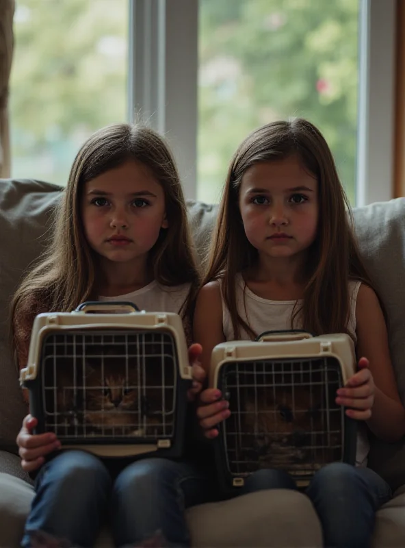 A photograph of two young girls, looking sad and holding empty pet carriers. The background is a blurred image of a living room.