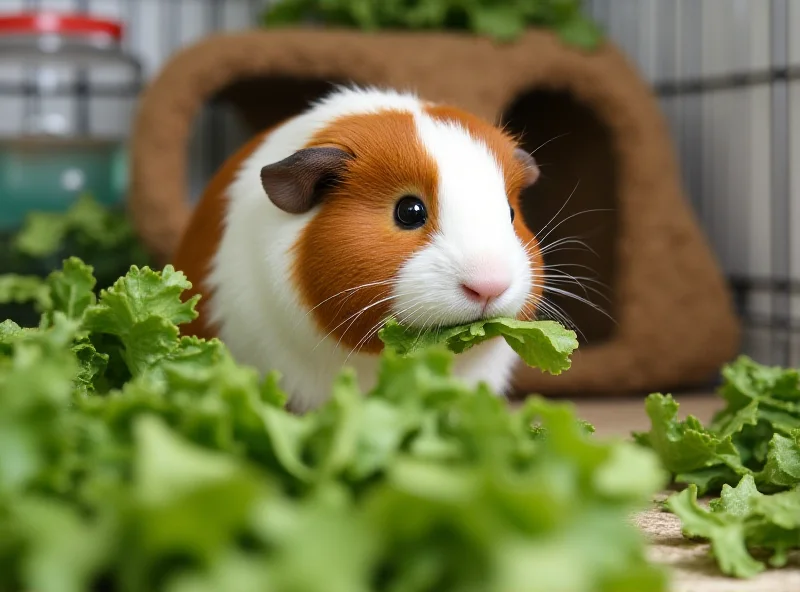 A healthy guinea pig eating greens in a clean cage. The image is well-lit and the guinea pig looks alert and content.