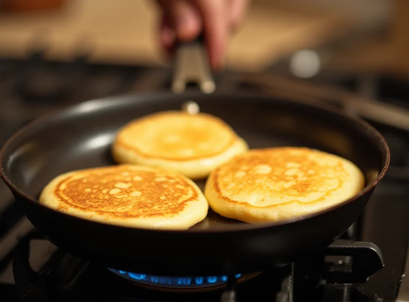 Close up shot of a person cooking pancakes in a non-stick pan. The pan is on a gas stove with the flame visible. The pancakes are golden brown and look delicious. The focus is on the pan and the pancakes.