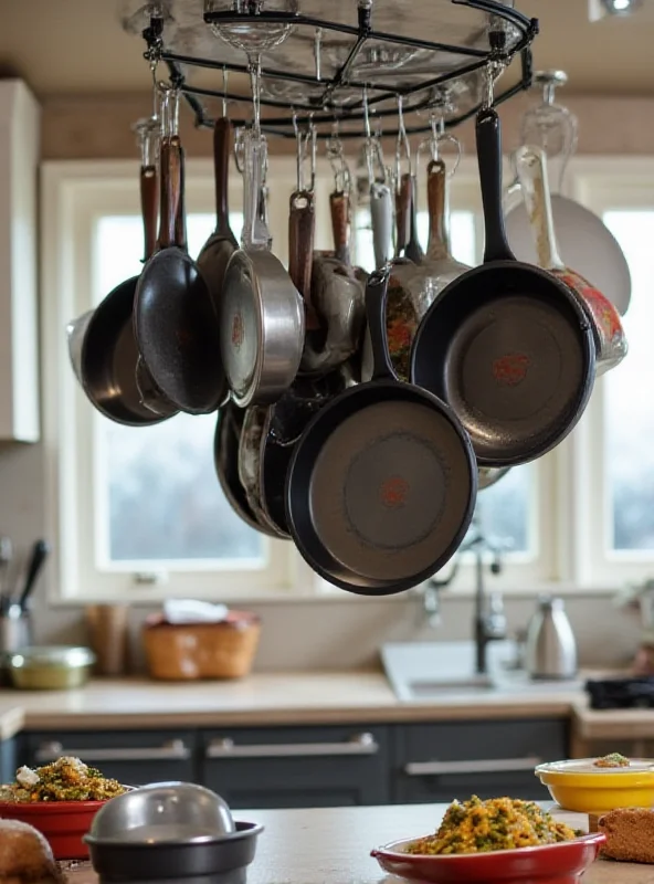 A variety of different pans hanging on a pot rack in a modern kitchen. The pans are made of different materials, including stainless steel, cast iron, and ceramic. The kitchen is well-lit and has a clean, organized appearance.