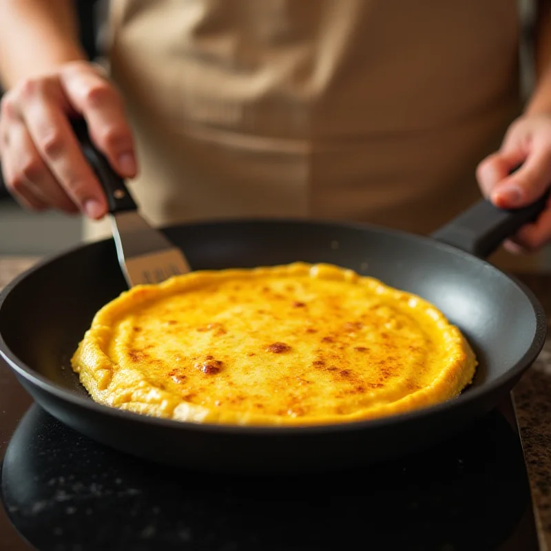 A person is holding a spatula and flipping an omelet in a non-stick pan. The omelet is golden brown and looks delicious. The focus is on the omelet and the pan, with the person's hand and spatula in the foreground.