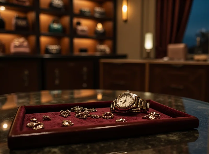 Scene depicting a luxury apartment interior with designer items, jewelry, and a Rolex watch.