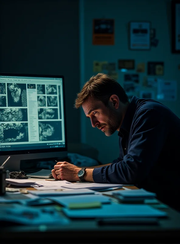 A concerned detective reviewing evidence in a dimly lit office.