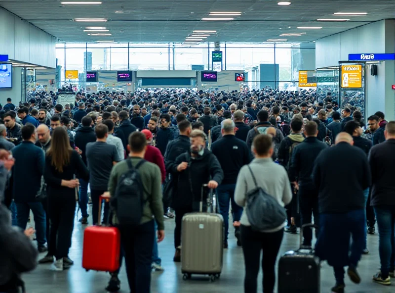 Busy airport terminal with long queues of people.