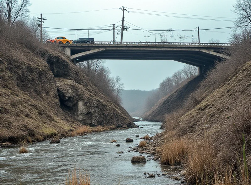 Collapsed bridge with damaged infrastructure.