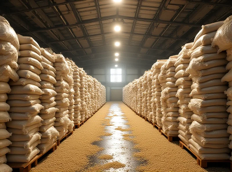 Image of sacks of rice stacked high in a warehouse.