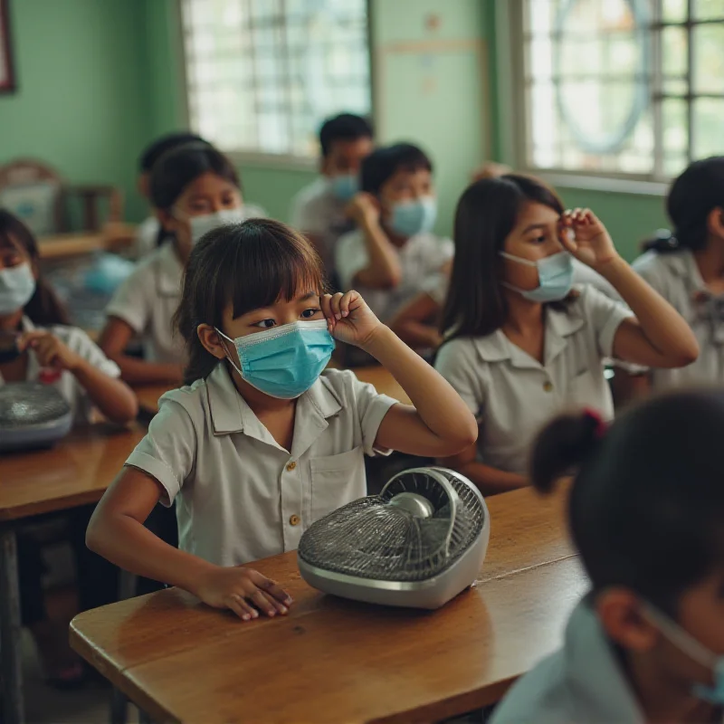 Image of Filipino school children wearing face masks and using fans to stay cool inside a classroom.