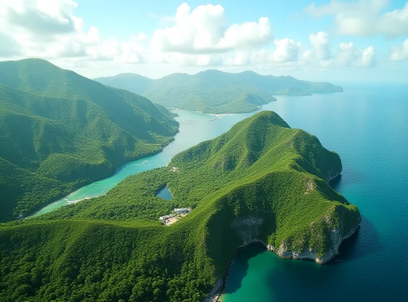 Aerial view of a lush, green Palawan landscape with mountains and coastline. A small-scale, environmentally conscious mining operation is visible in the distance.