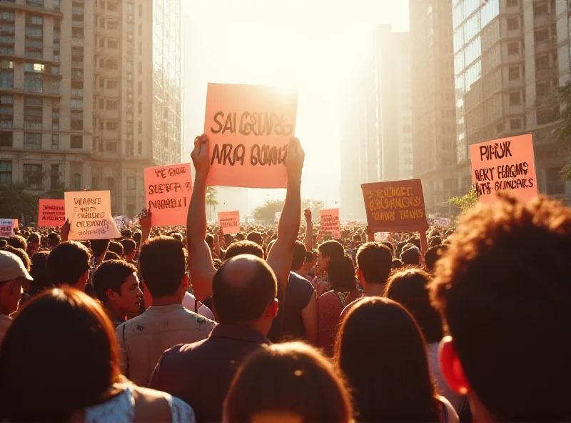 Crowd of Filipinos during the People Power revolution holding signs and banners, demonstrating peacefully.