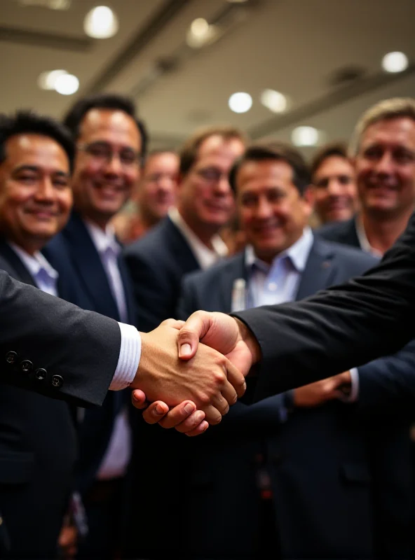 A group of Filipino politicians standing together at a political rally, shaking hands and smiling for the cameras.