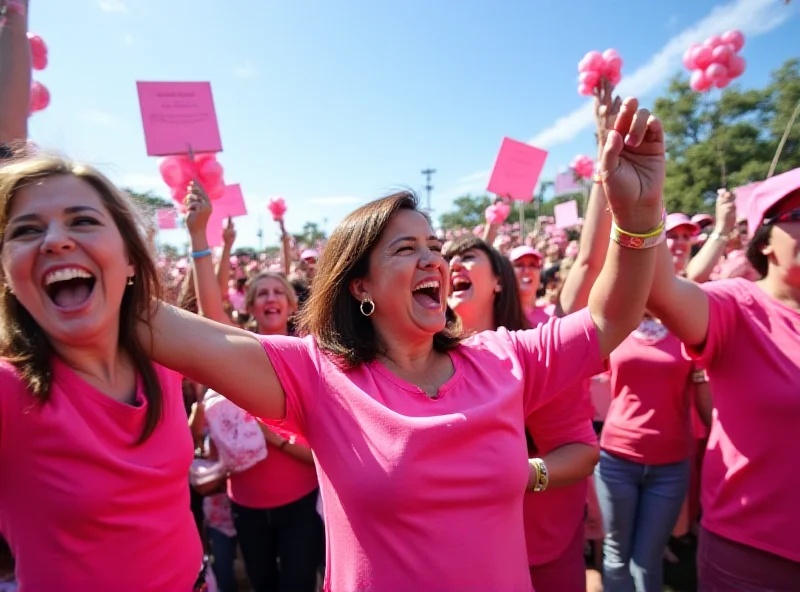 Campaign rally with supporters holding pink banners.