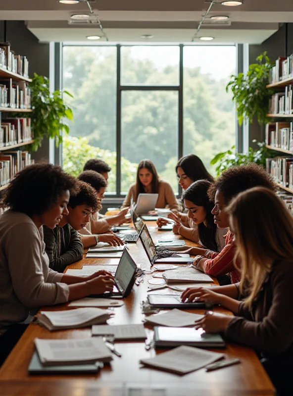 Students studying together in a modern library setting.
