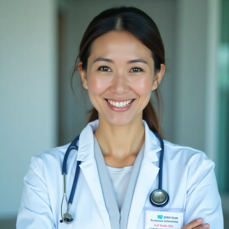 A doctor wearing a stethoscope and a PhilHealth ID.