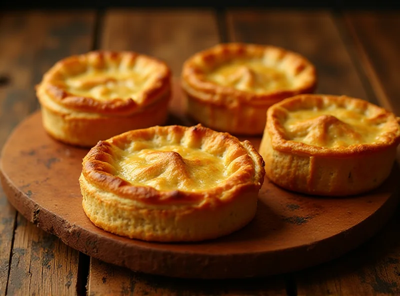 Selection of supermarket pies arranged on a wooden board