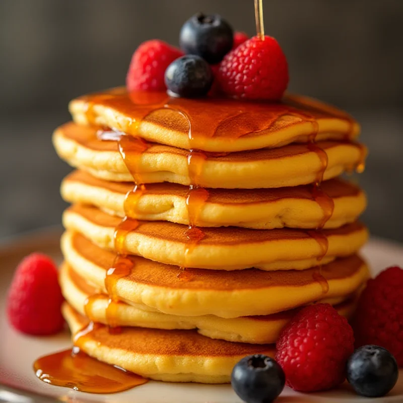 Stack of golden pancakes with syrup and berries