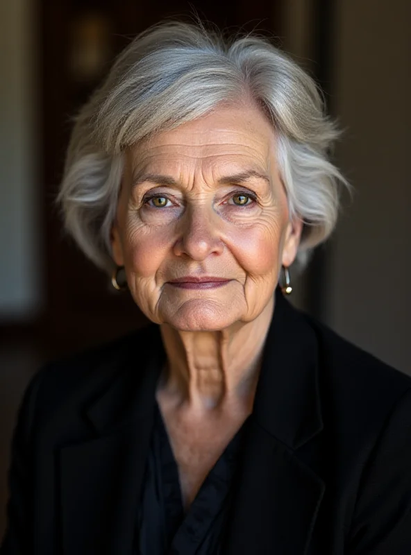 Portrait of Pilar Ruiz, a woman with short grey hair and a determined expression, wearing a dark jacket. She is looking directly at the camera with a serious gaze.