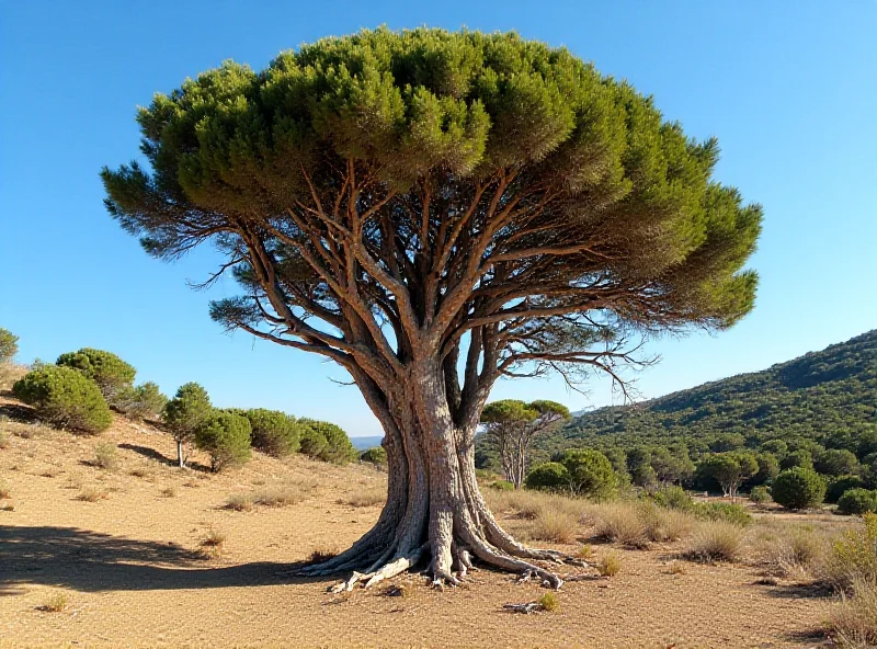 A majestic, ancient pine tree in a rural Spanish landscape, possibly in Abengibre, Albacete. The tree is tall and imposing, with gnarled branches reaching towards the sky. The surrounding landscape is dry and earthy, with hints of green vegetation. The sky is clear and blue.