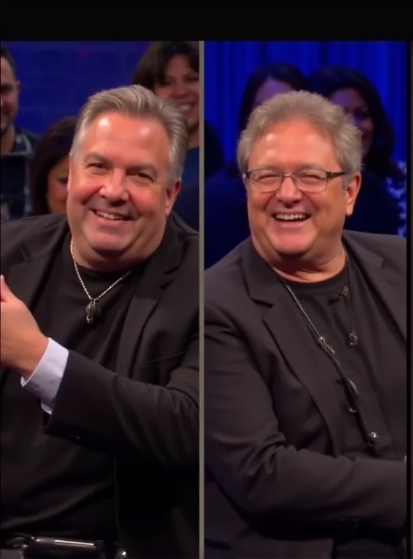 A split image. On the left, David Broncano smiles and gestures during a TV show. On the right, Lalachus laughs and interacts with a guest on the same program. The background features the set of a modern talk show with bright lights and a live audience.