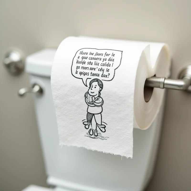 A close-up photograph of a roll of toilet paper with a cartoon illustration printed on it. The illustration depicts a stylized female figure and text in Spanish related to breast cancer awareness. The background is blurred, focusing attention on the comic strip on the toilet paper.