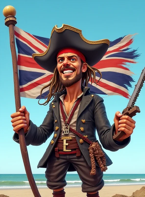 A cartoon image of a pirate holding a chainsaw, standing in front of the British flag.