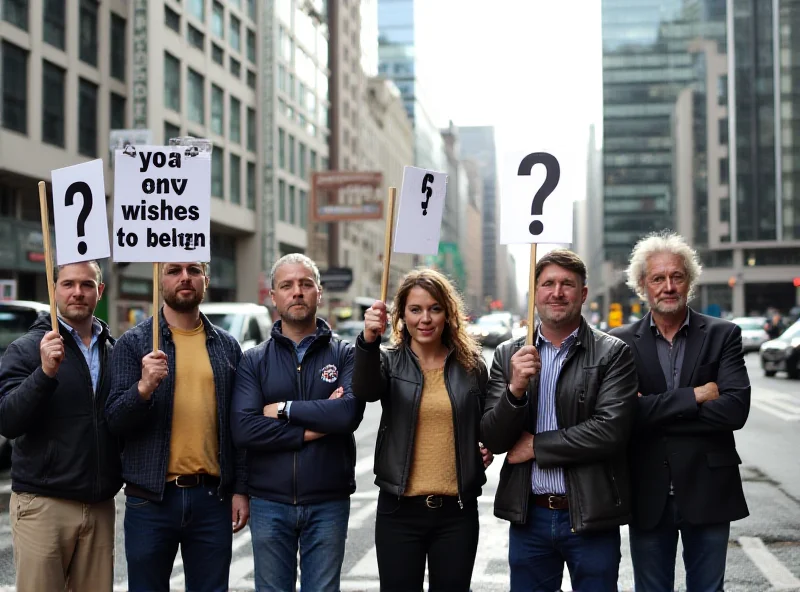 A diverse group of people standing on a street corner, holding signs with question marks, representing the Pirate Party asking 'Do you have any wishes?'