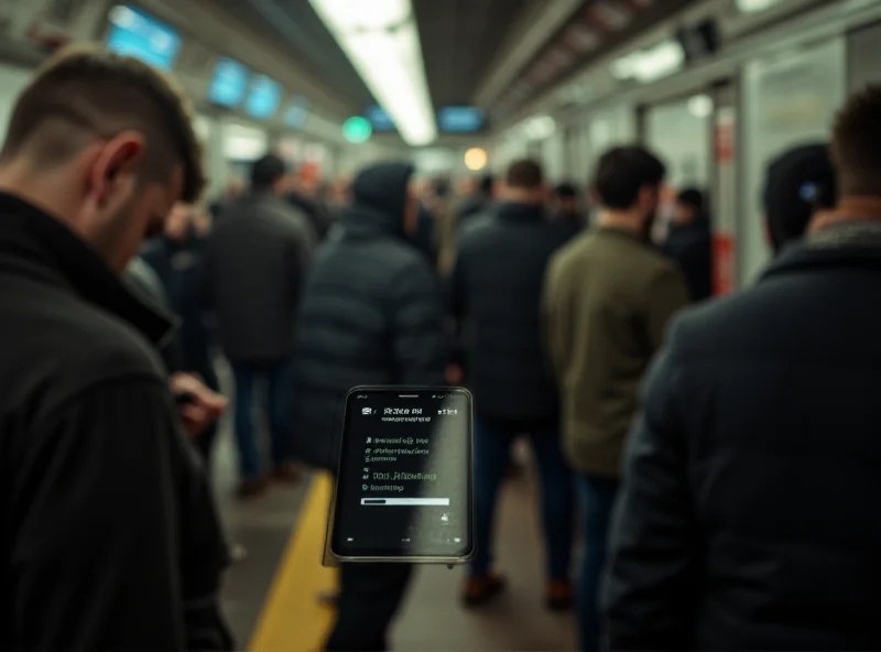 A crowded New York City subway platform with a Pixel phone displaying a safety alert.