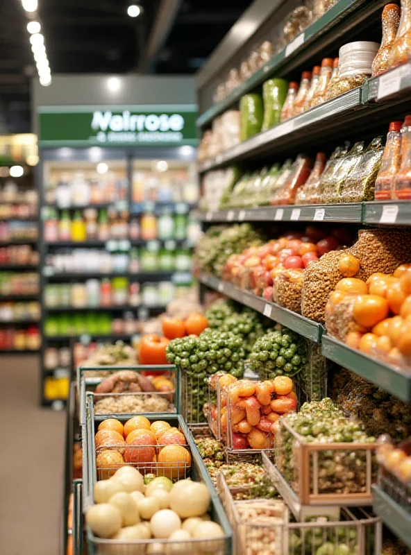 A close-up shot of shelves in a Waitrose supermarket, stocked with various products. The focus is slightly blurred, drawing attention to the overall abundance and variety.