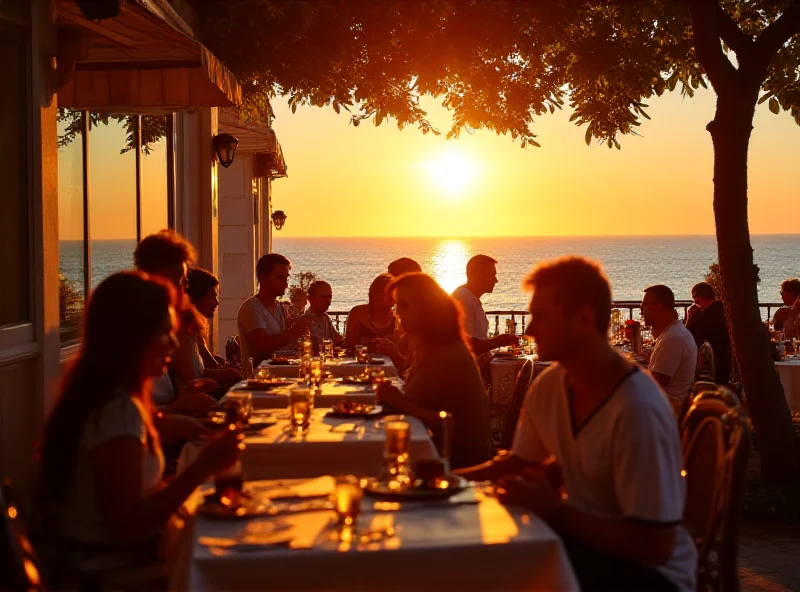 A vibrant outdoor restaurant scene in Majorca, Spain, with tables filled with diners enjoying their meals. The setting sun casts a warm glow over the scene, highlighting the lively atmosphere.