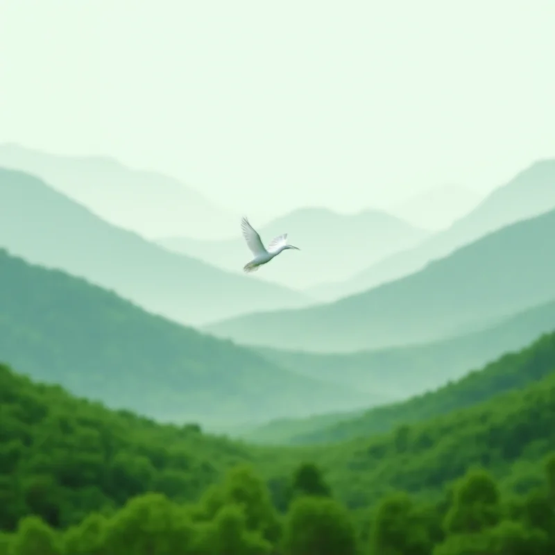 A dove flying over a landscape.