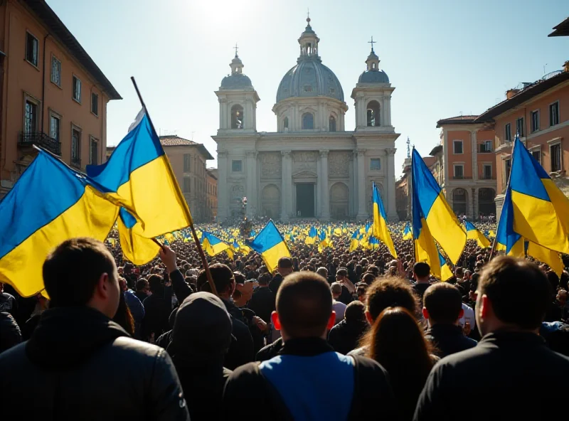 Crowd waving Ukrainian flags at a rally in Rome